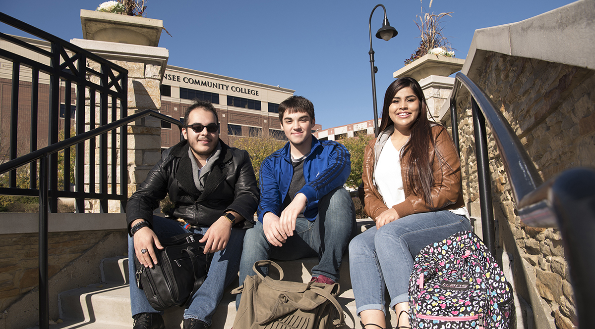 Students sitting outside the Student Center at Sugar Grove