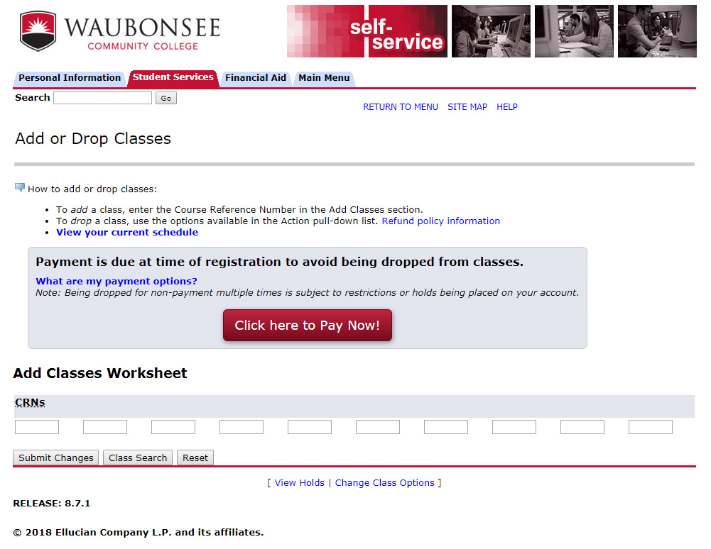 Add or Drop Classes (Self-Service) Screenshot