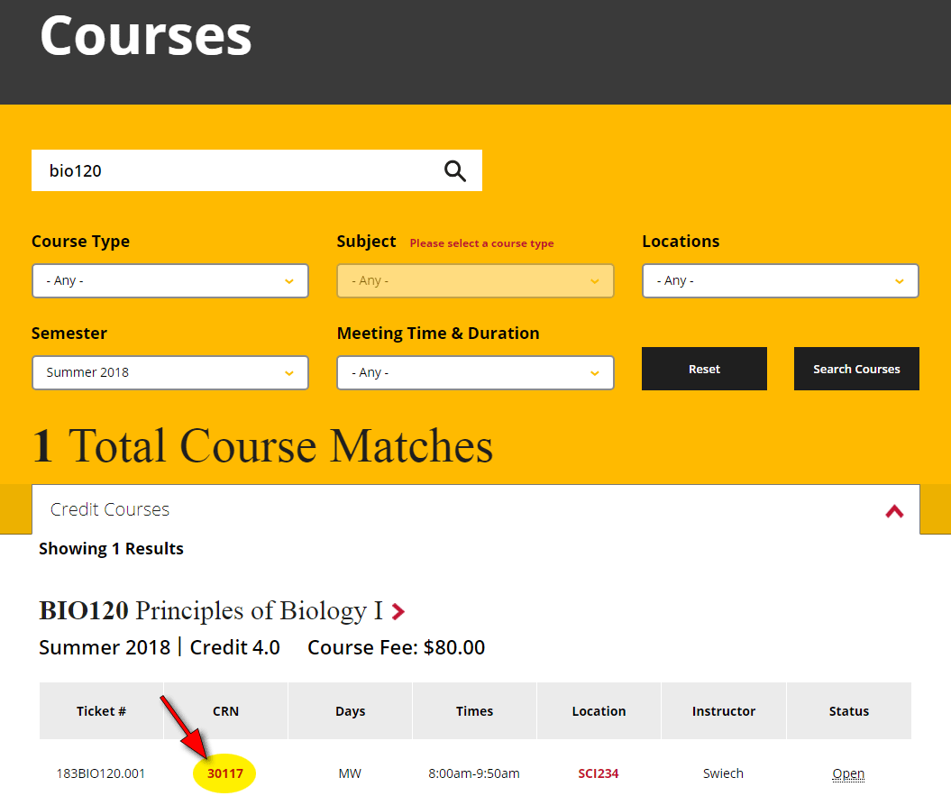 Course Search Screenshot highlighting CRN 
