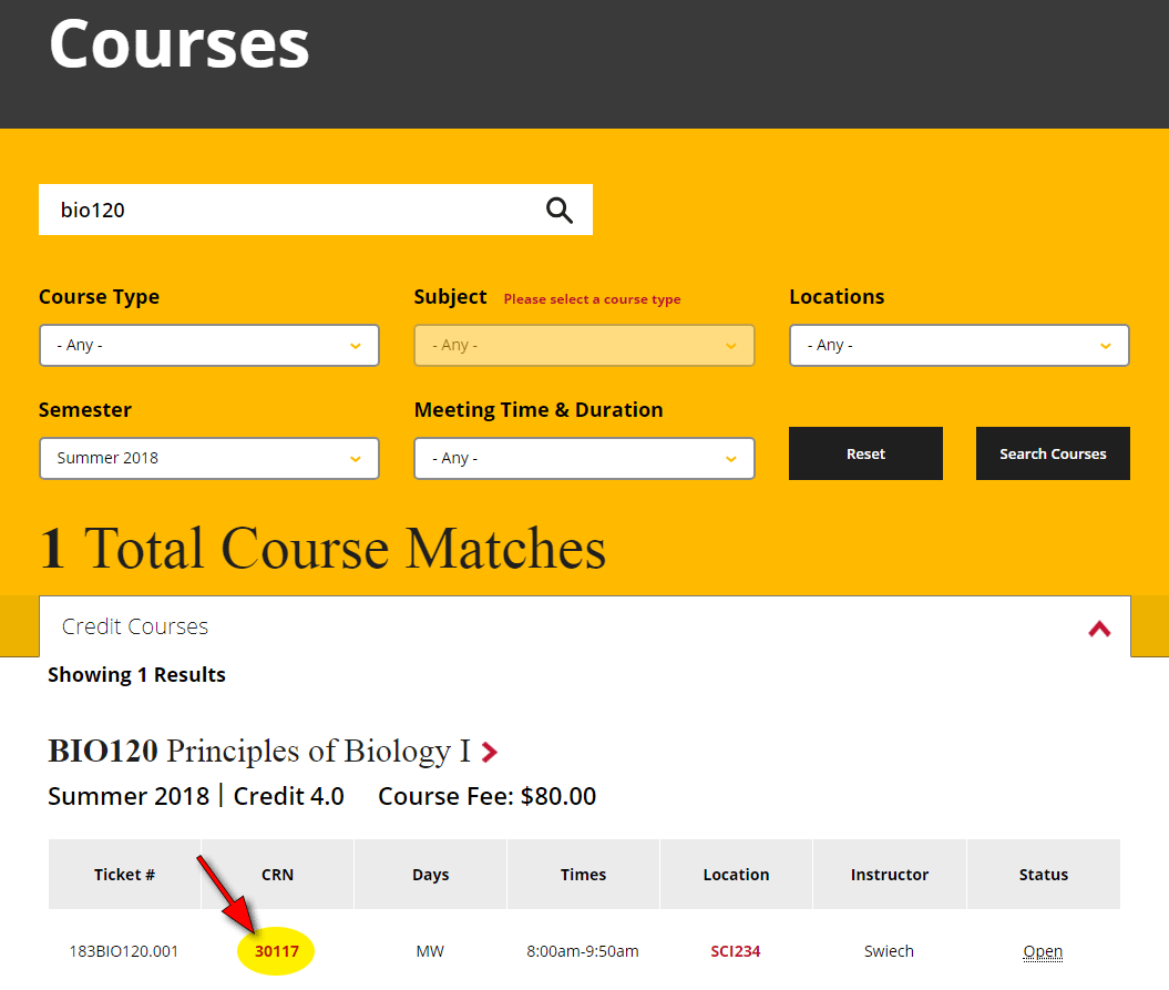 Course Search Screenshot highlighting CRN Waubonsee Community College