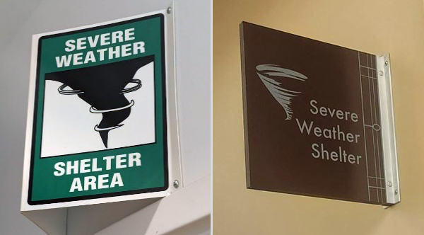 Severe Weather Shelter Area signs