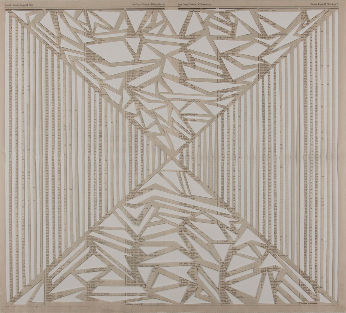 Anna Lopatin, "Paper Chase" - 2014, Newspaper, 21 1/2 x 23 3/4 in., Sugar Grove Campus, Collins Hall, room 236 A
