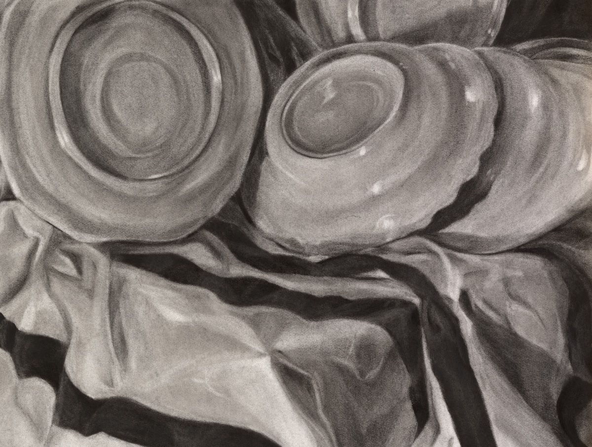Anna Bateman, "Light on Dishes" - 2015, Charcoal on Paper, 17 3/4 x 23 3/4 in., Sugar Grove Campus, Auditorium, 1st floor