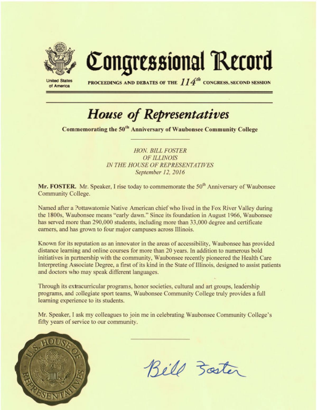 Congressional Record - Bill Foster celebrating 50th anniversary