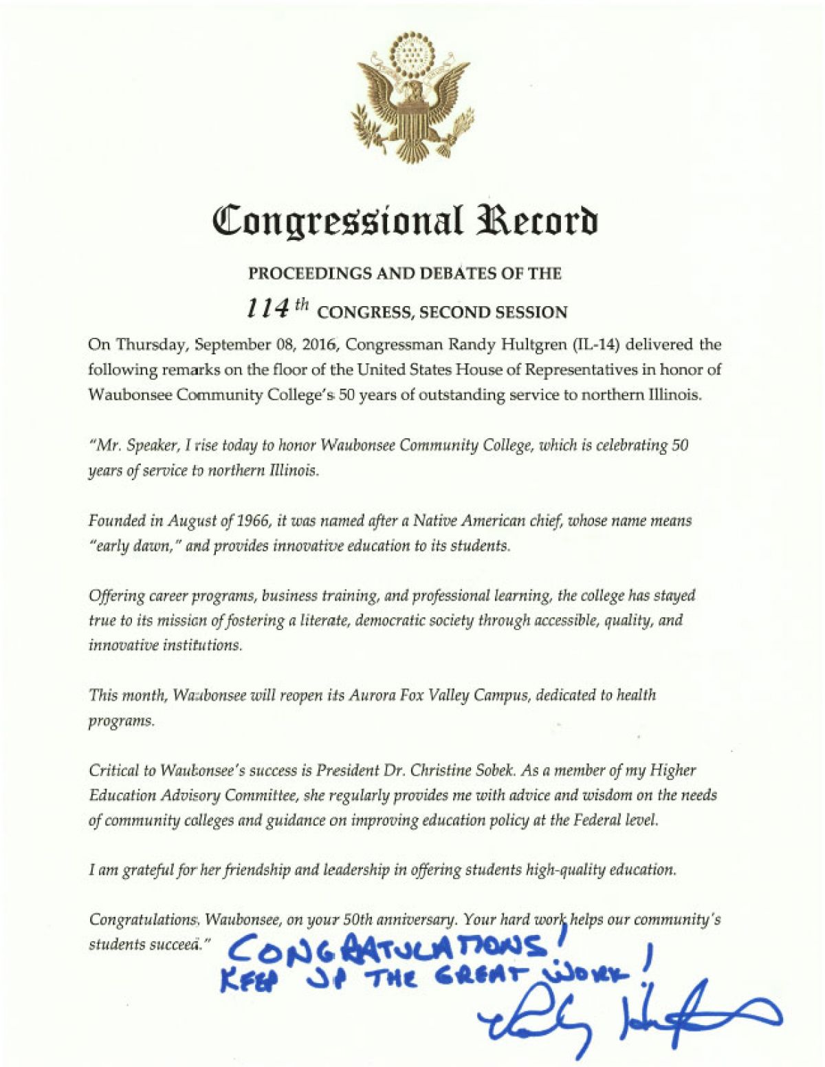 Congressional Record - Randy Hultgren celebrating 50th anniversary