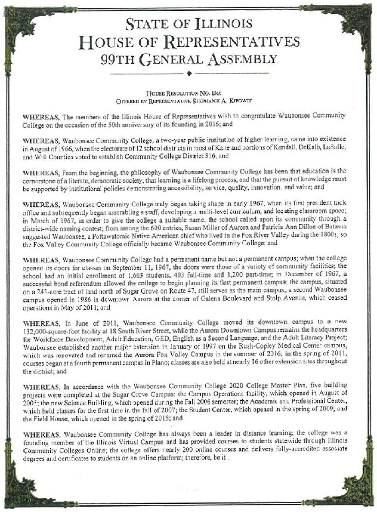 Illinois General Assembly Resolution - Representative Stephanie Kifowit, 84th District celebrating 50th anniversary (Pg. 1 of 2)