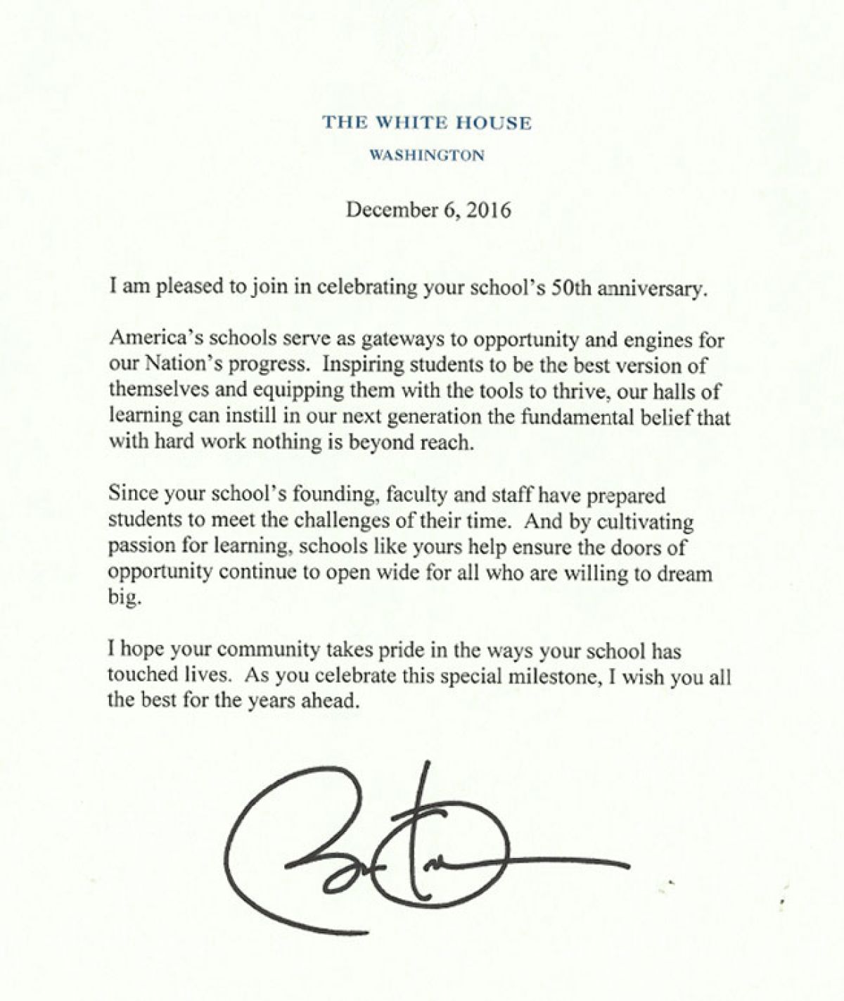 2016 President Obama Letter celebrating 50th anniversary