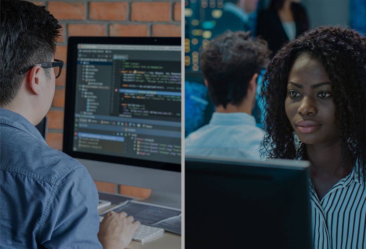 A man and woman working on their computers.