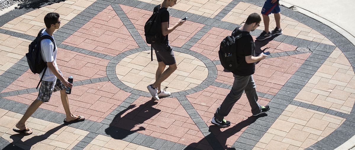 students walking on brick pattern aerial view summer L