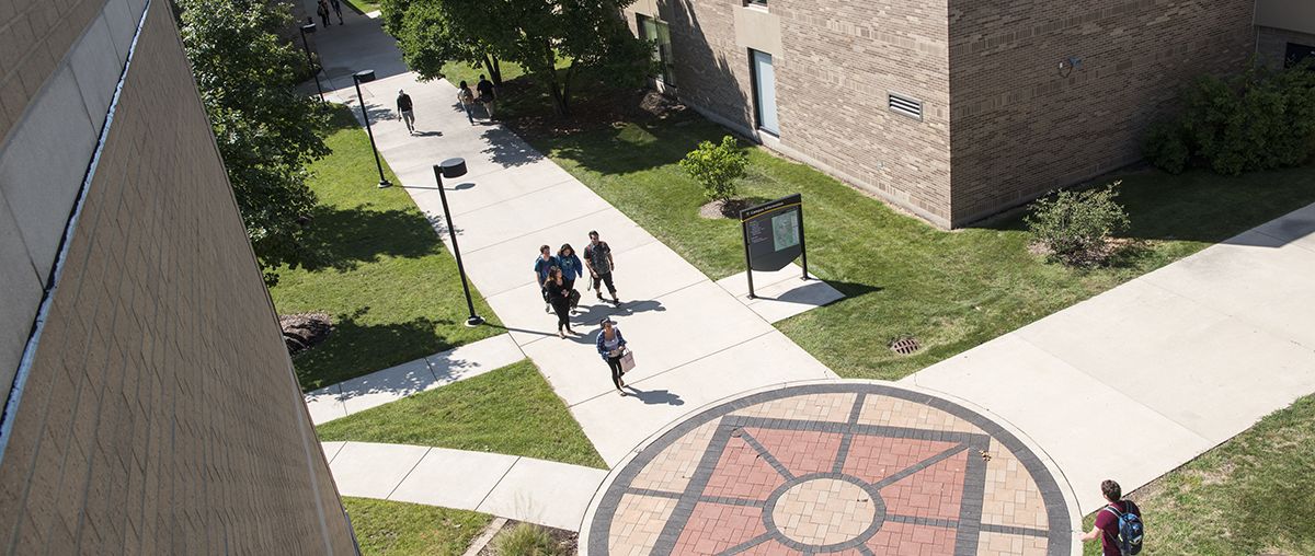 Aerial view of campus brick paving summer L