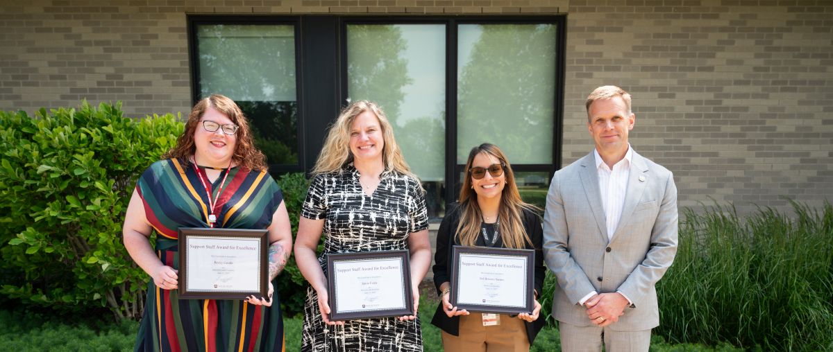 Waubonsee 2025 Support Staff Award Winners Becky Goode, Jamie Feiza and Sol Briceno-Santos presented by Dr. Brian Knetl