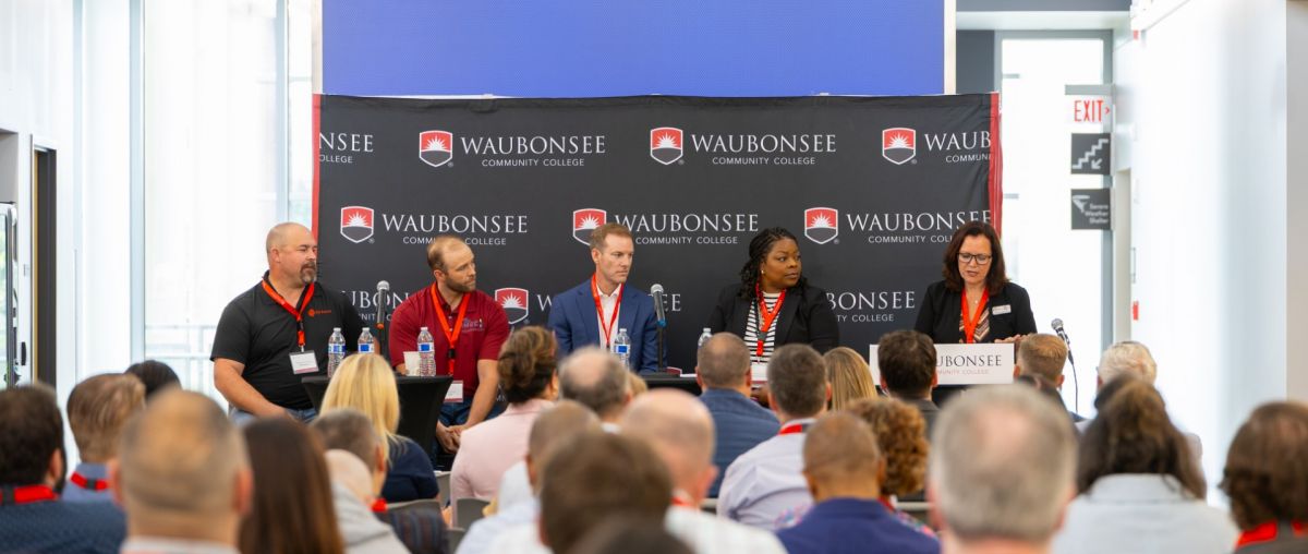 Pictured from left to right: Andrew Limoges (MSI Express), Jesse Brady (IMEC) Peter Skoda (Freudenberg Home and Cleaning Solutions), Ne’Keisha Stepney (Waubonsee Community College), and Kathy Gilmore Industrial Maintenance Program