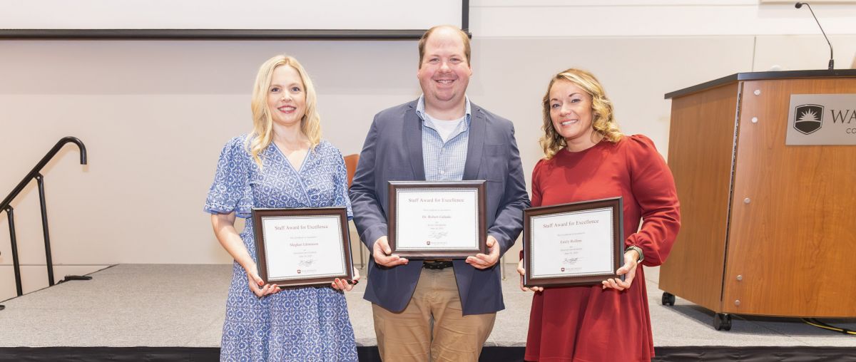 Waubonsee 2026 Support Staff Award Winners Meghan Edmonson, Graphic Design Coordinator; Dr. Robert Galuski, Learning Resource Center Manager; and Emily Rollins, Community Engagement Manager