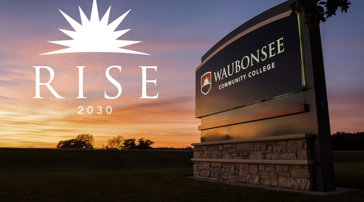 RISE logo waubonsee sign with sunrise in background