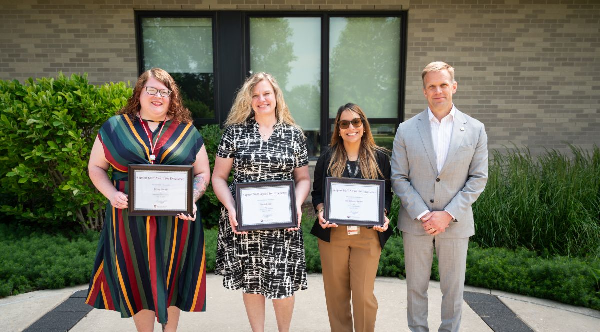 Waubonsee 2025 Support Staff Award Winners Becky Goode, Jamie Feiza and Sol Briceno-Santos presented by Dr. Brian Knetl