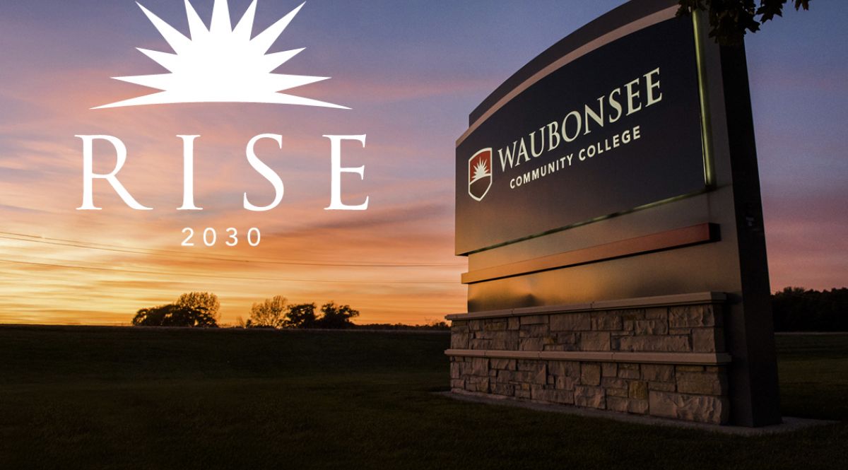 RISE logo waubonsee sign with sunrise in background