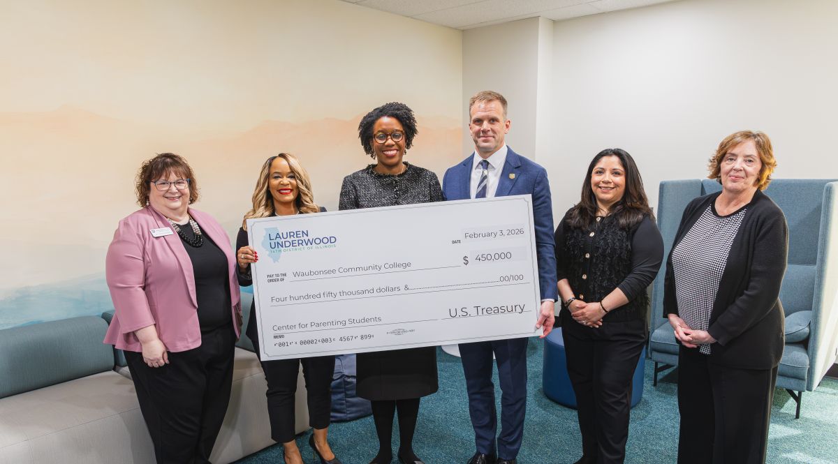 Representative Lauren Underwood joins Waubonsee Community College President Dr. Brian Knetl to present a $450,000 federal investment for the Sugar Grove Campus. The funding will repurpose existing campus spaces into child-friendly spaces for student parents.