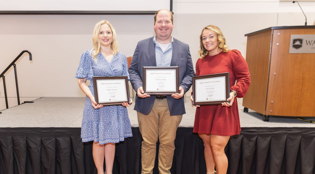 Waubonsee 2026 Support Staff Award Winners Meghan Edmonson, Graphic Design Coordinator; Dr. Robert Galuski, Learning Resource Center Manager; and Emily Rollins, Community Engagement Manager