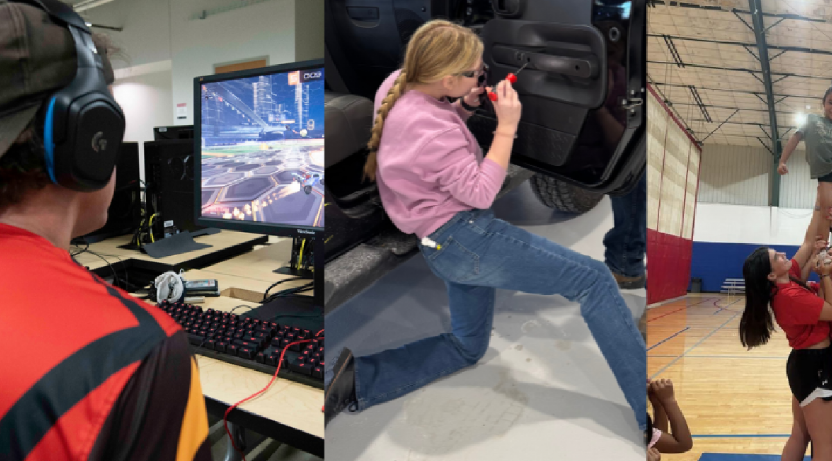 A collage of three summer camp photos, esports, auto tech and cheerleading