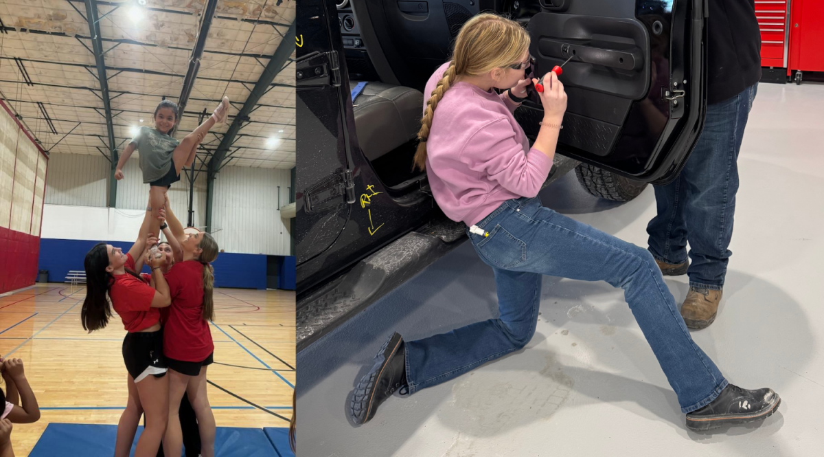 A collage of two summer camp photos: a girl in auto tech and girls in cheerleading