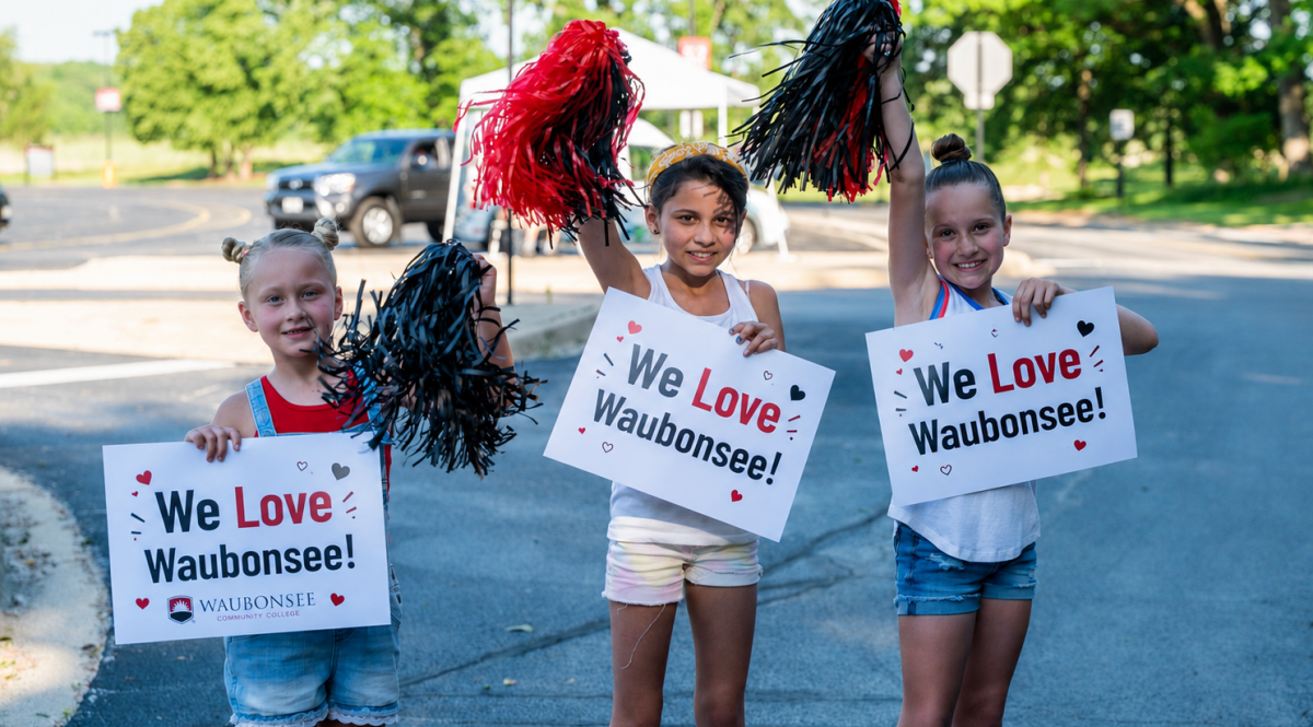 Three young people stand holding pom poms and signs that say "We Love Waubonsee"