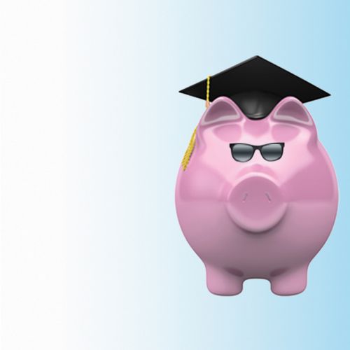 a piggy bank wears sunglasses and a graduation cap