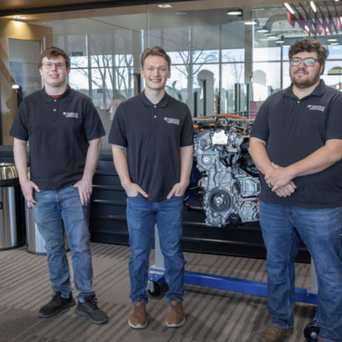(L to R) Waubonsee Automotive Service Technology students Jadon Johanes, Jacob Merrill, and Matthew Meadows at TEC signing