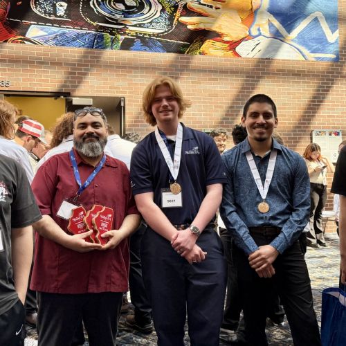 Waubonsee students Jovanny Marron, Ben Swanson, Alex Soto, and Javier Solis join Instructor Ramiro Cervantes (second from left) at the SkillsUSA Illinois State Championships.