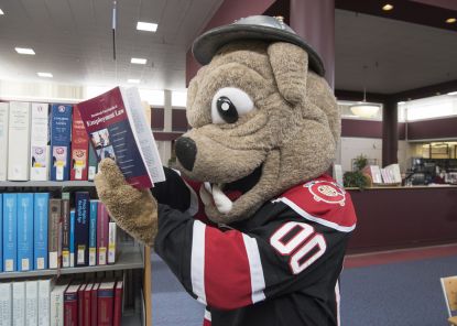 Rusty reading a book in the library