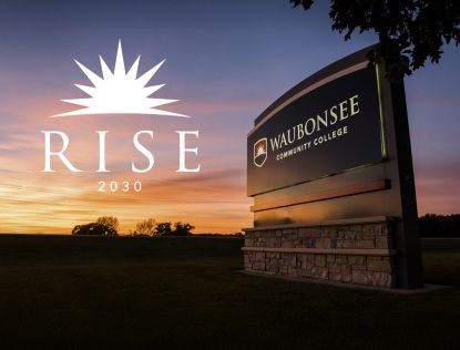 RISE logo waubonsee sign with sunrise in background