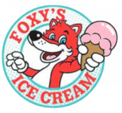 Foxys Ice Cream logo cartoon fox holding an ice cream cone