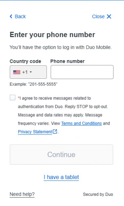 MFA Duo Mobile Screenshot - Enter your phone number