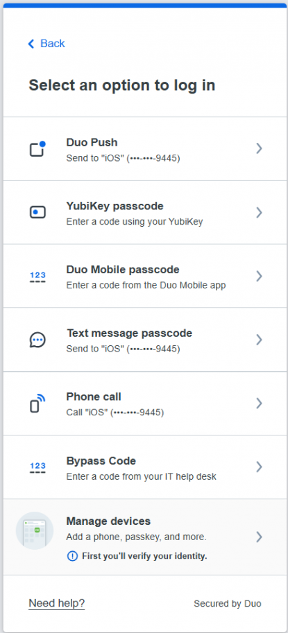 MFA Duo Mobile Screenshot - Select an option to log in