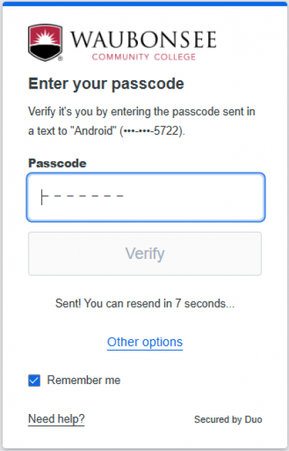 MFA Duo Mobile Screenshot - Enter your passcode (SMS/Text)