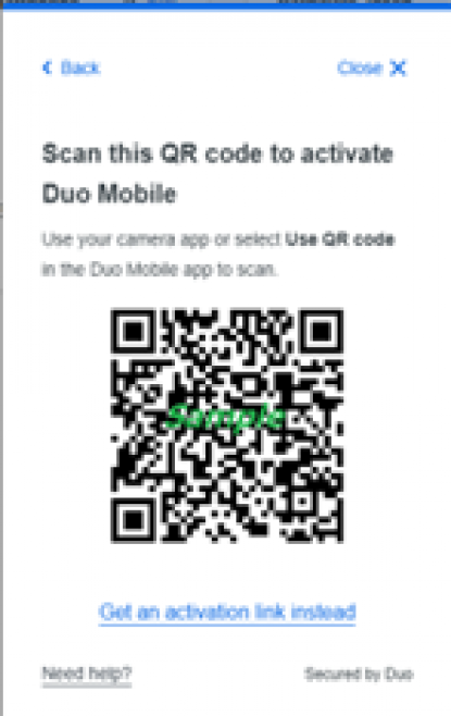 MFA Duo Mobile Screenshot - Scan this QR code (sample) to activate Duo Mobile