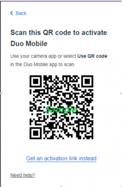 MFA Duo Mobile Screenshot - Scan this QR code (sample) to activate Duo Mobile