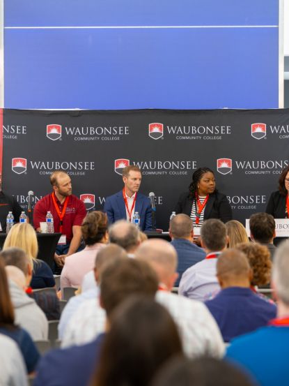 Pictured from left to right: Andrew Limoges (MSI Express), Jesse Brady (IMEC) Peter Skoda (Freudenberg Home and Cleaning Solutions), Ne’Keisha Stepney (Waubonsee Community College), and Kathy Gilmore Industrial Maintenance Program