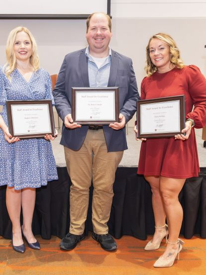 Waubonsee 2026 Support Staff Award Winners Meghan Edmonson, Graphic Design Coordinator; Dr. Robert Galuski, Learning Resource Center Manager; and Emily Rollins, Community Engagement Manager