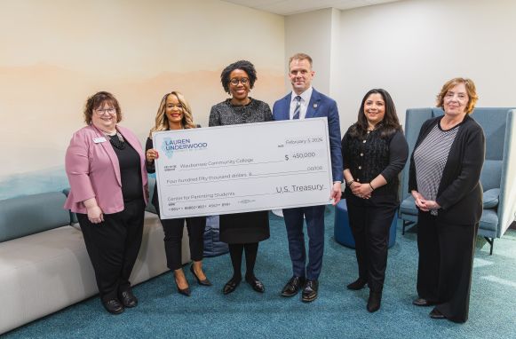 Representative Lauren Underwood joins Waubonsee Community College President Dr. Brian Knetl to present a $450,000 federal investment for the Sugar Grove Campus. The funding will repurpose existing campus spaces into child-friendly spaces for student parents.