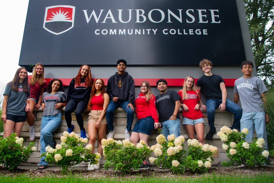 Students standing in front of Waubonsee sign in summer