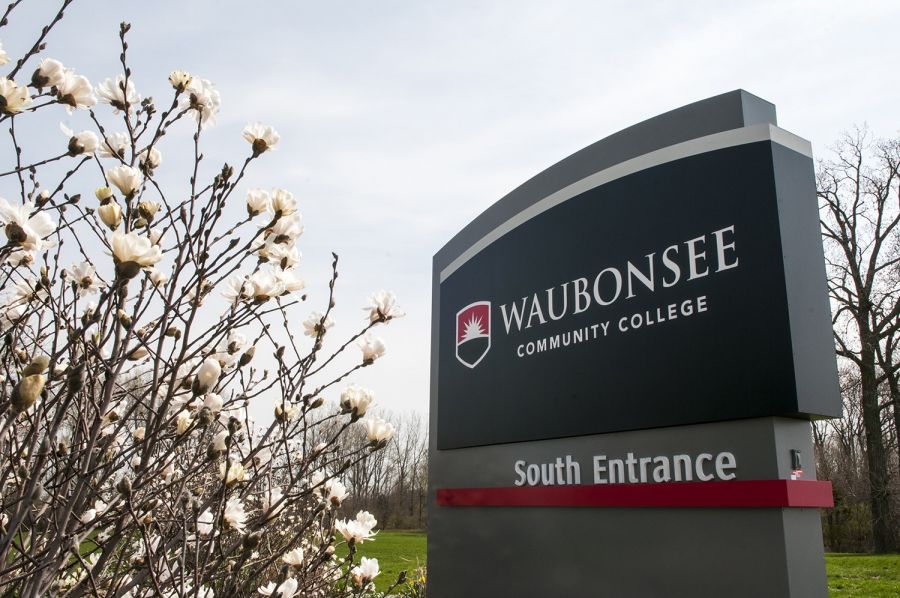 Waubonsee South Entrance sign spring flowers