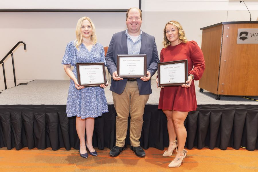 Waubonsee 2026 Support Staff Award Winners Meghan Edmonson, Graphic Design Coordinator; Dr. Robert Galuski, Learning Resource Center Manager; and Emily Rollins, Community Engagement Manager